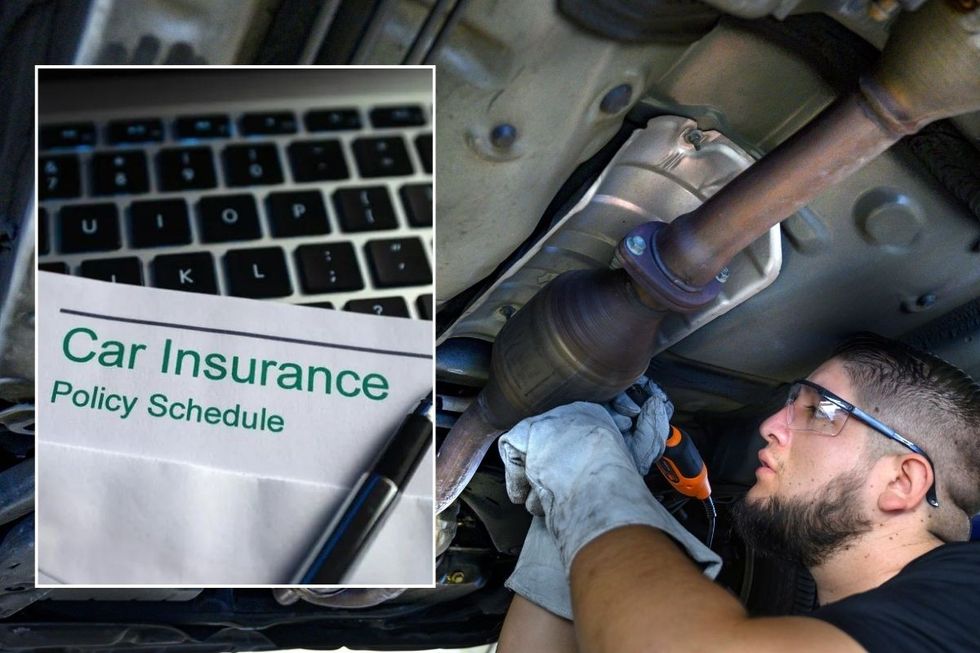 Car insurance policy schedule and a man engraving a car's catalytic converter