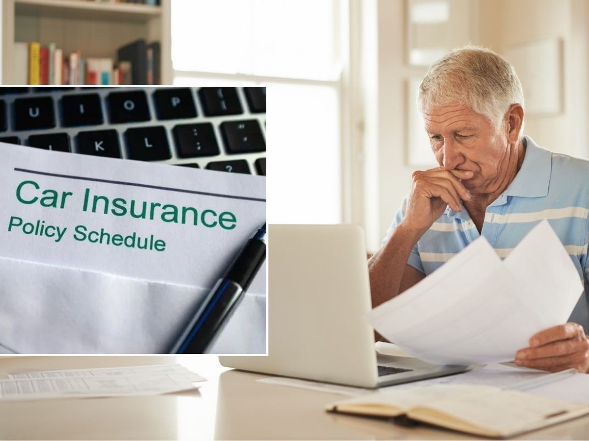 Car insurance policy schedule and an elderly man looking at a laptop