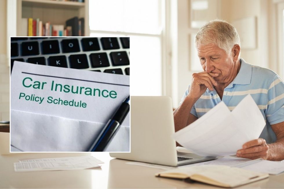 Car insurance policy schedule and an elderly man looking at a laptop