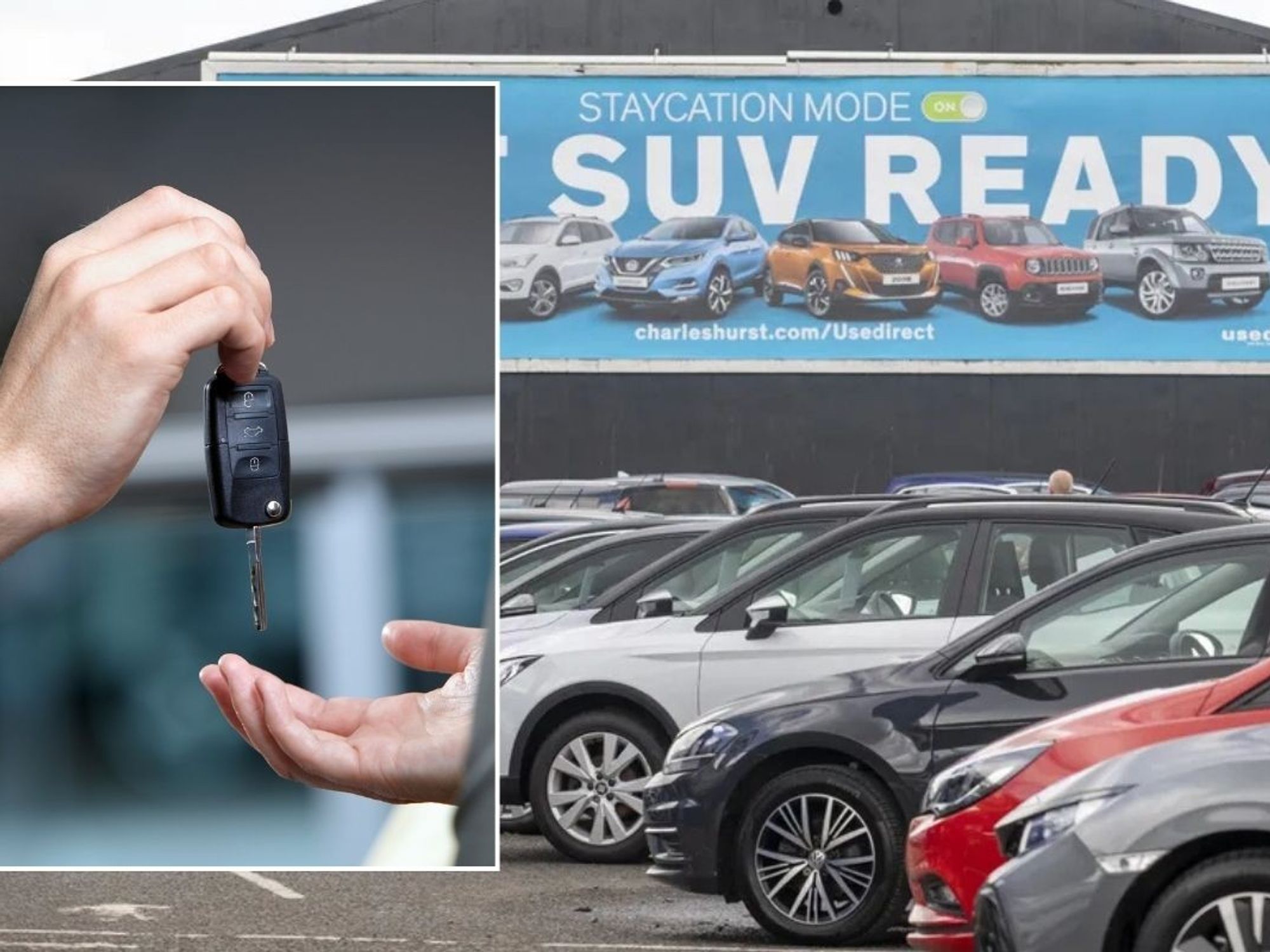 Car keys and a used car sales forecourt