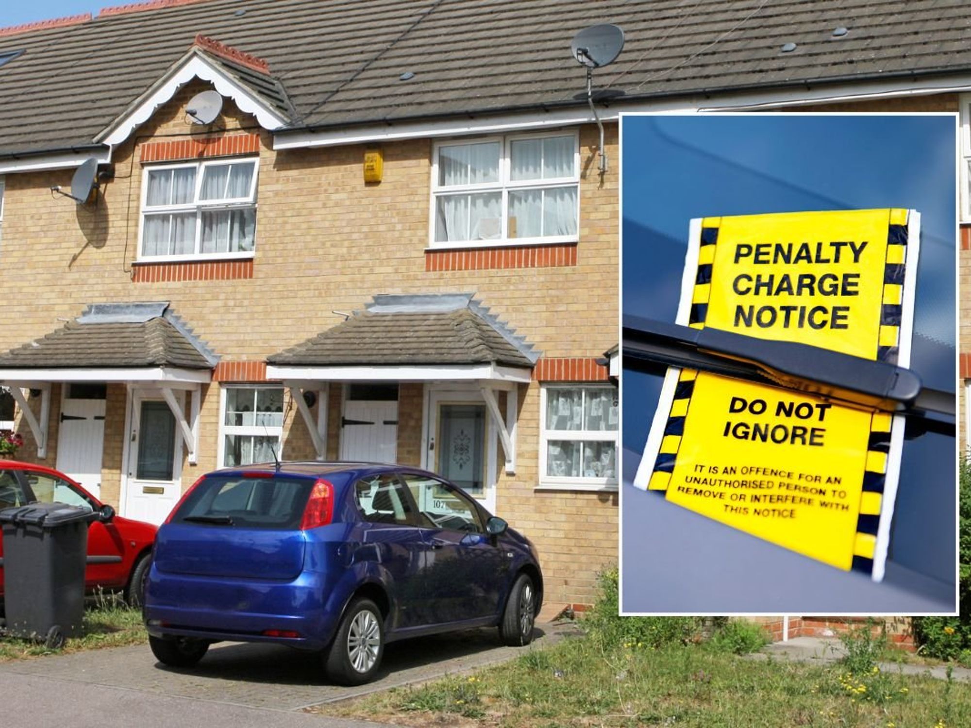 Car parked on a driveway and a parking fine