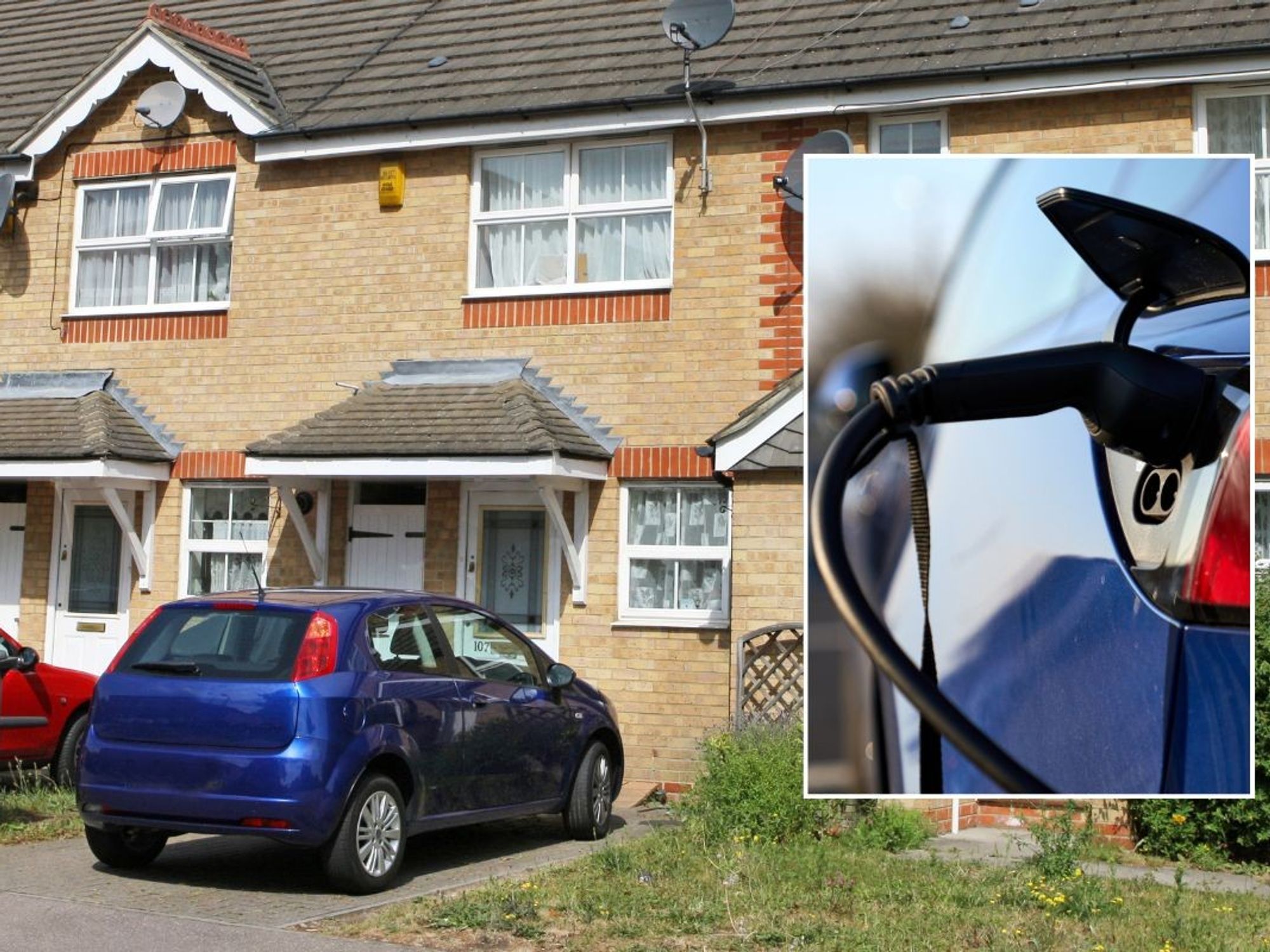 Car parked on driveway and an EV charger