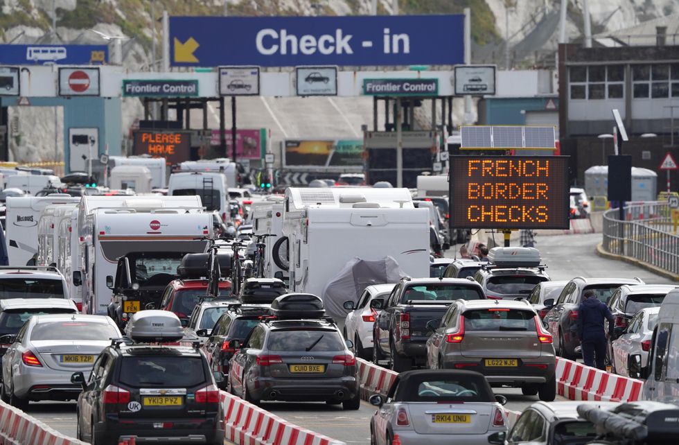 Car queue at the check-in at Dover Port in Kent as many families embark on getaways at the start of summer holidays for many schools in England and Wales. Staffing at French border control at the Port of Dover is %22woefully inadequate%22 causing holidaymakers to be stuck in long queues, the Kent port said. Picture date: Friday July 22, 2022.
