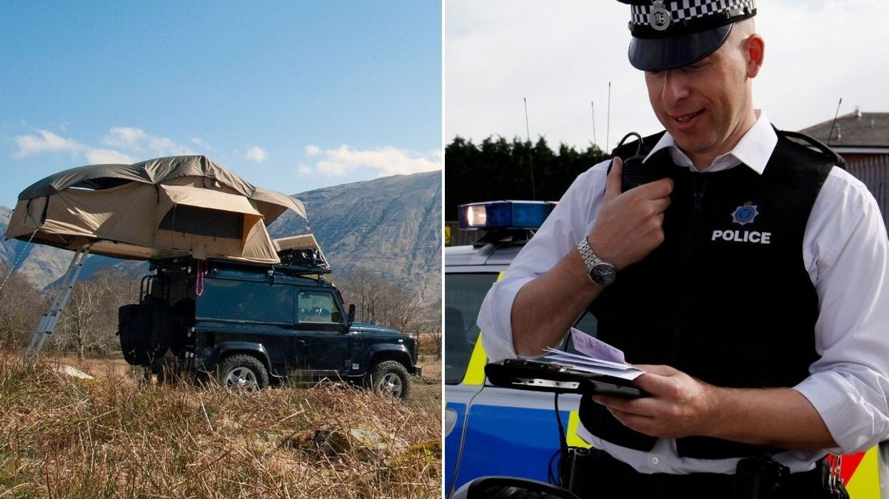 Car roof tent and a police officer pulling a vehicle over