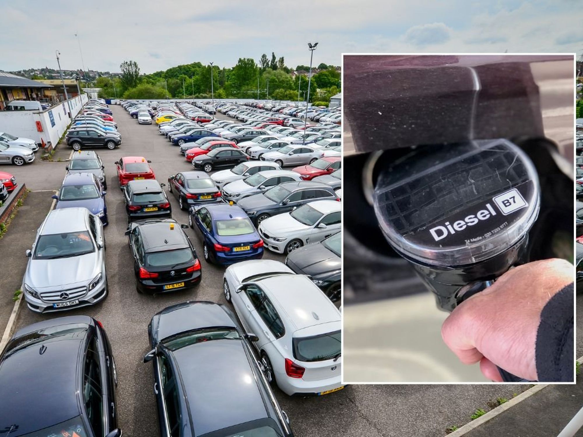 Car sales forecourt and a diesel pump