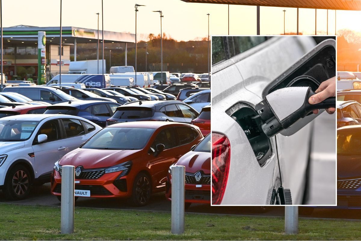 Car sales forecourt and an electric car charger