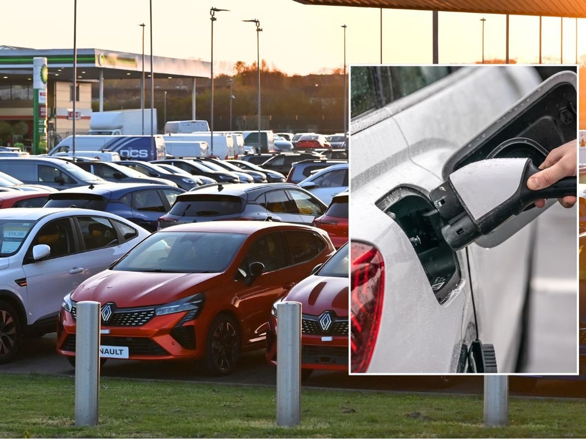 Car sales forecourt and an electric car charger