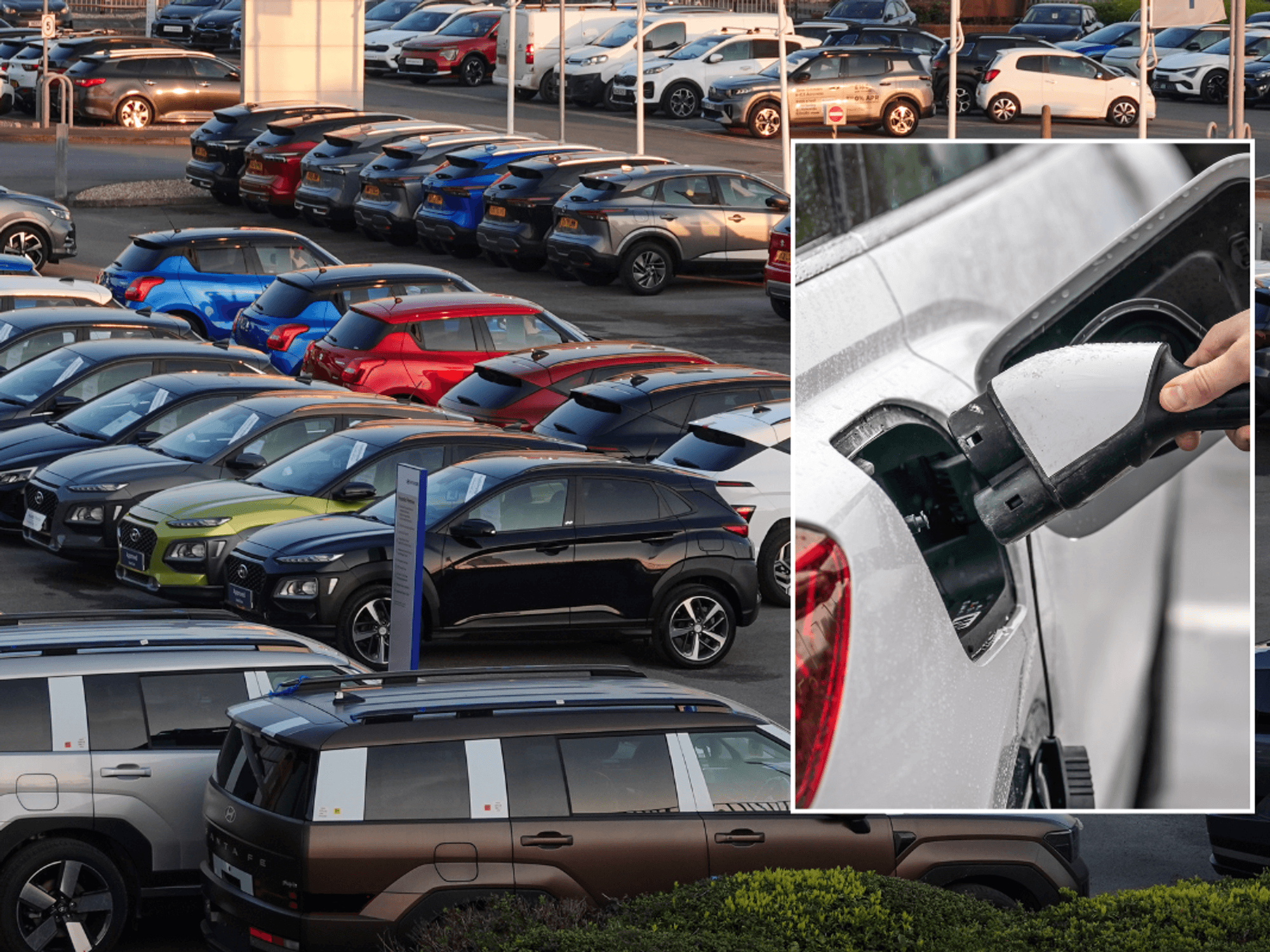 Car sales forecourt and an electric car charger