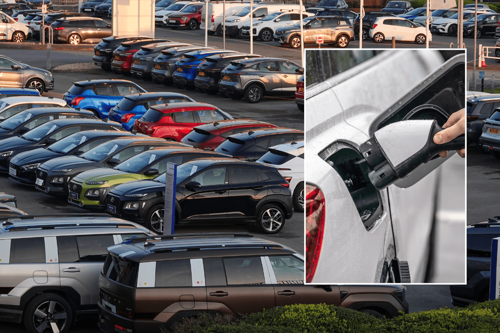 Car sales forecourt and an electric car charger