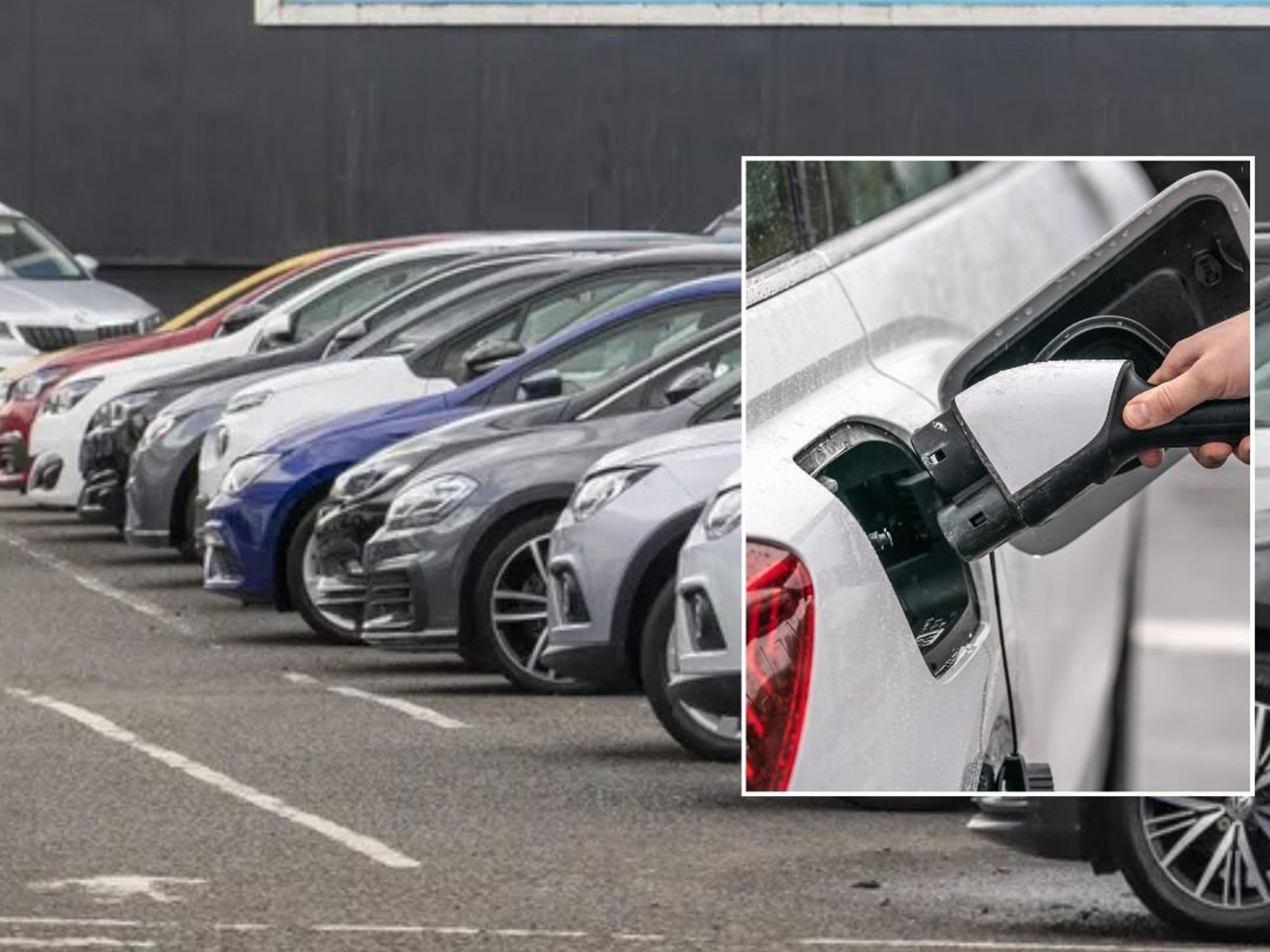 Car sales forecourt and an electric vehicle charger