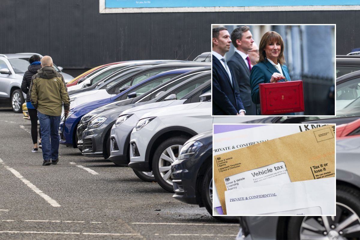 Car sales forecourt, Chancellor Rachel Reeves with the red Budget box and a vehicle tax reminder letter
