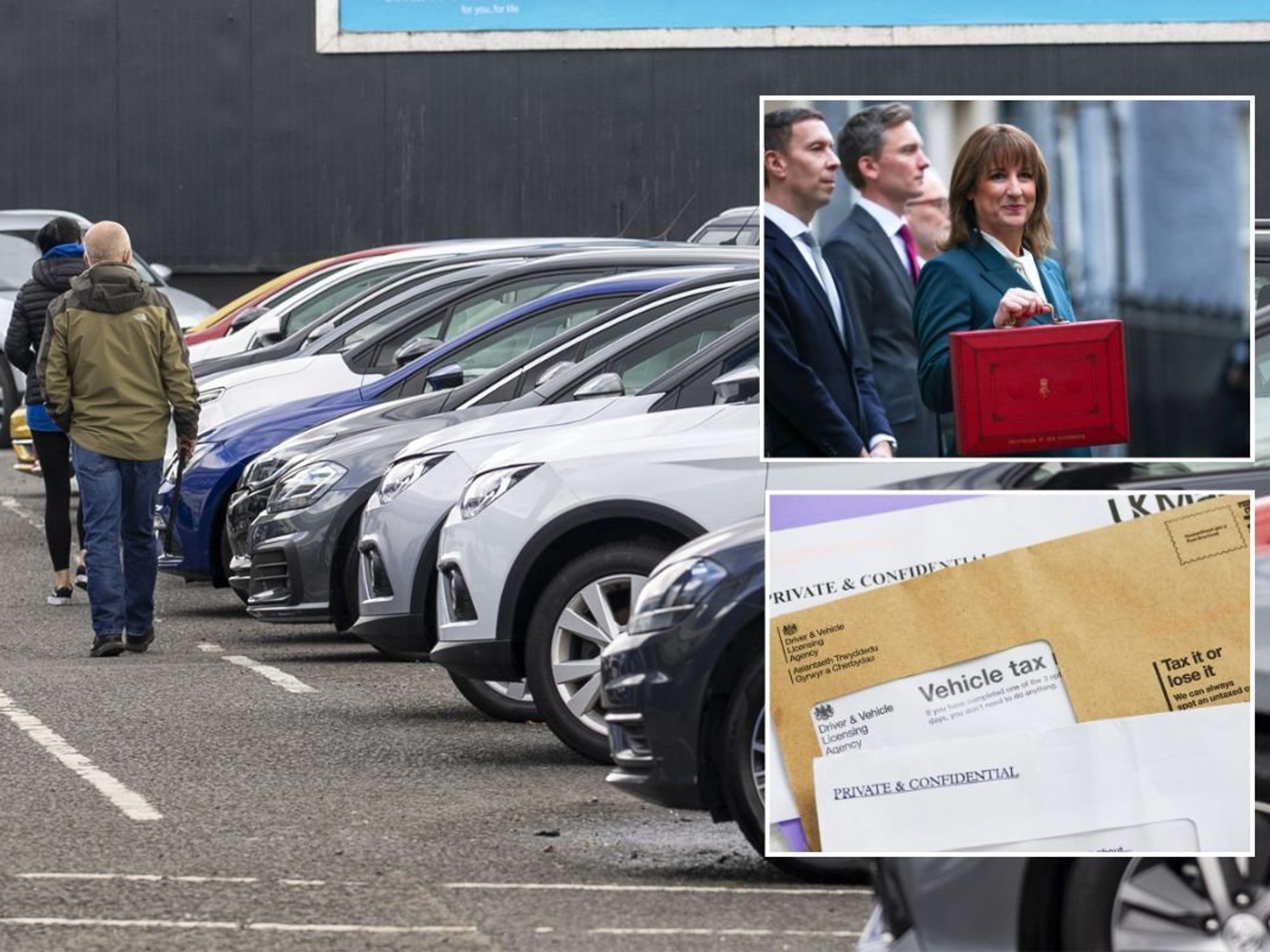 Car sales forecourt, Chancellor Rachel Reeves with the red Budget box and a vehicle tax reminder letter