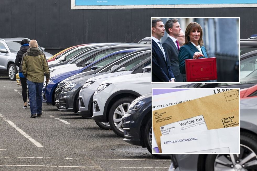 Car sales forecourt, Chancellor Rachel Reeves with the red Budget box and a vehicle tax reminder letter