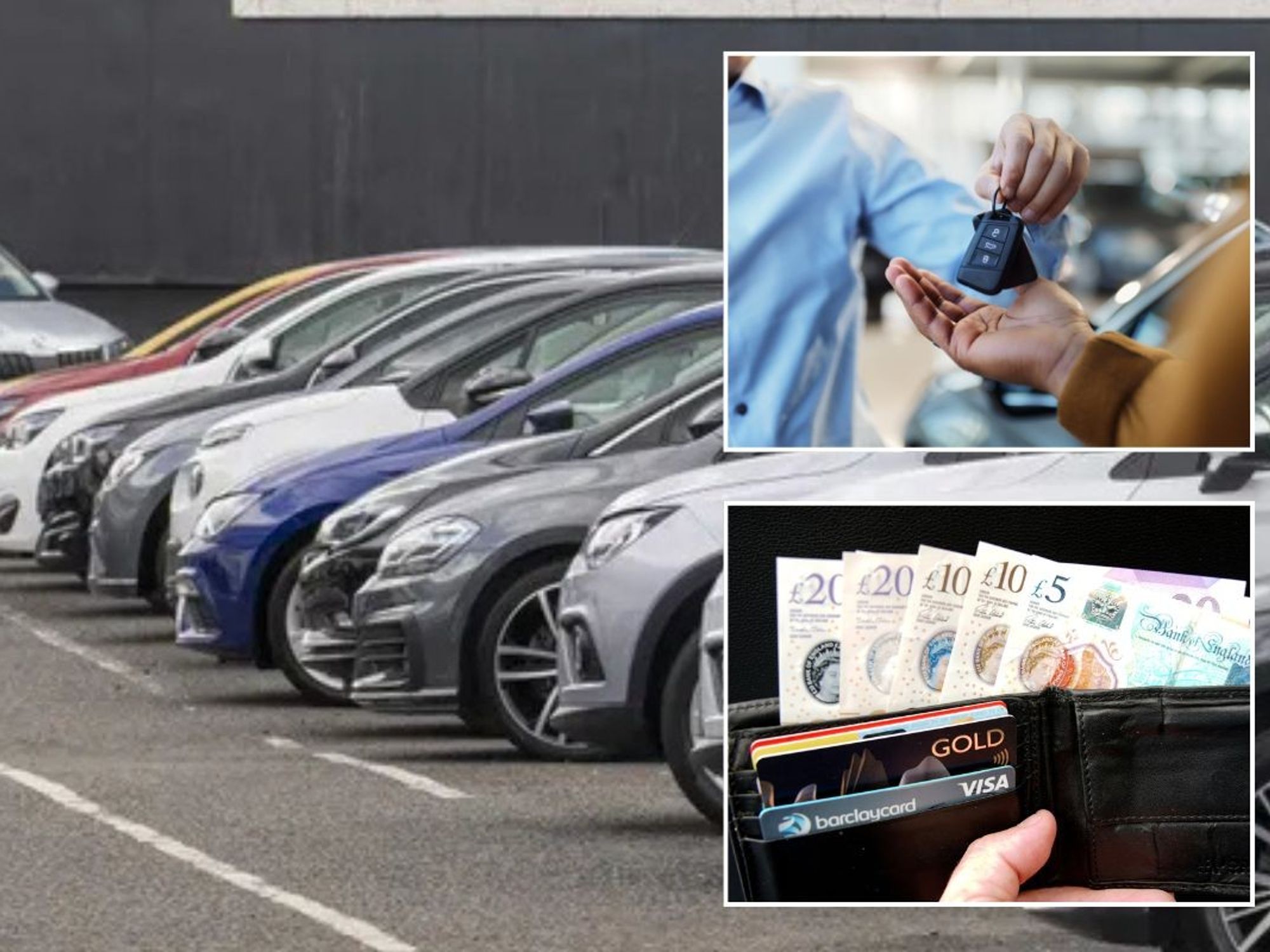 Car sales lot, car keys and a wallet