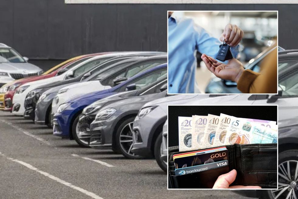 Car sales lot, car keys and a wallet