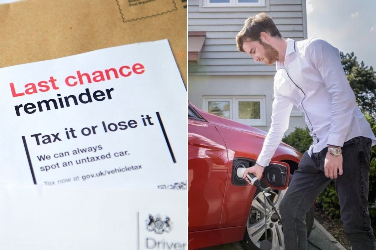 Car tax notice and a man charging an electric vehicle
