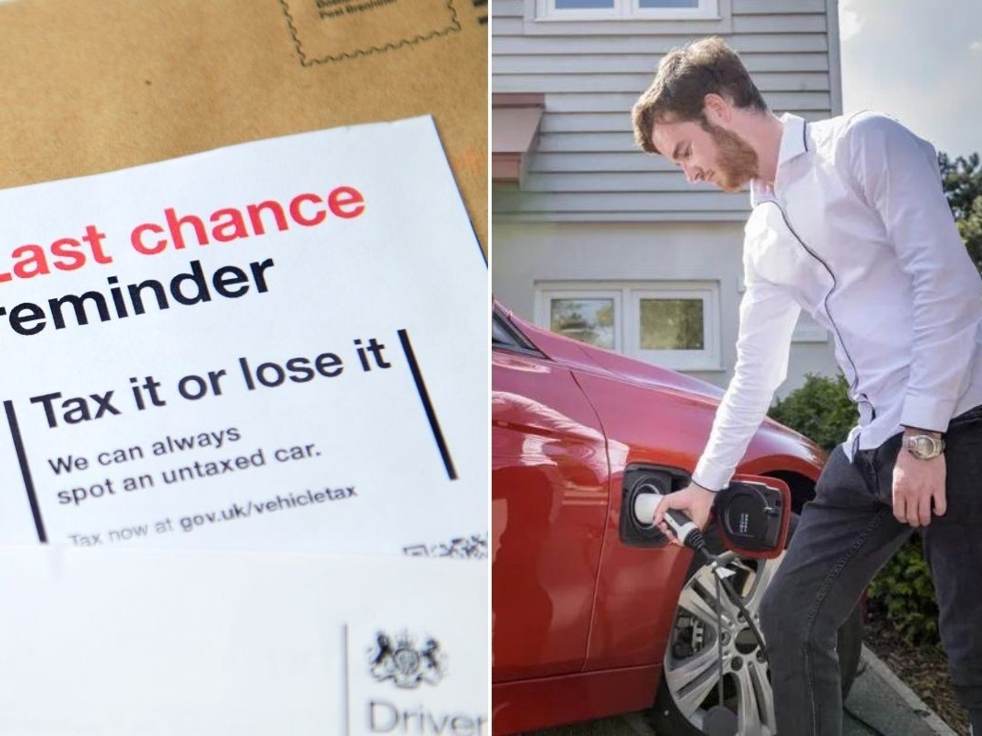 Car tax notice and a man charging an electric vehicle