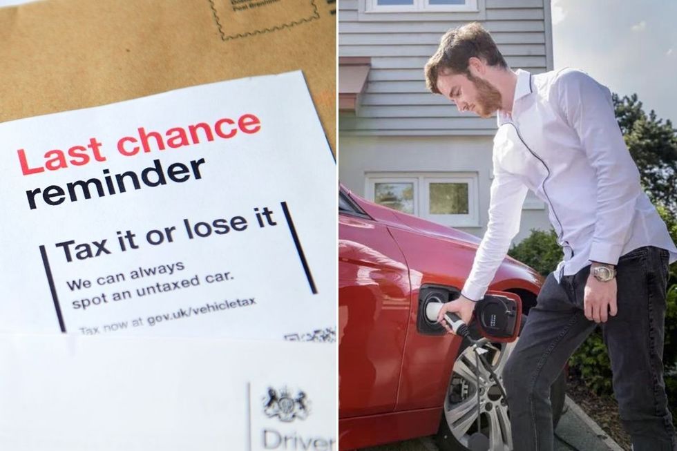 Car tax notice and a man charging an electric vehicle