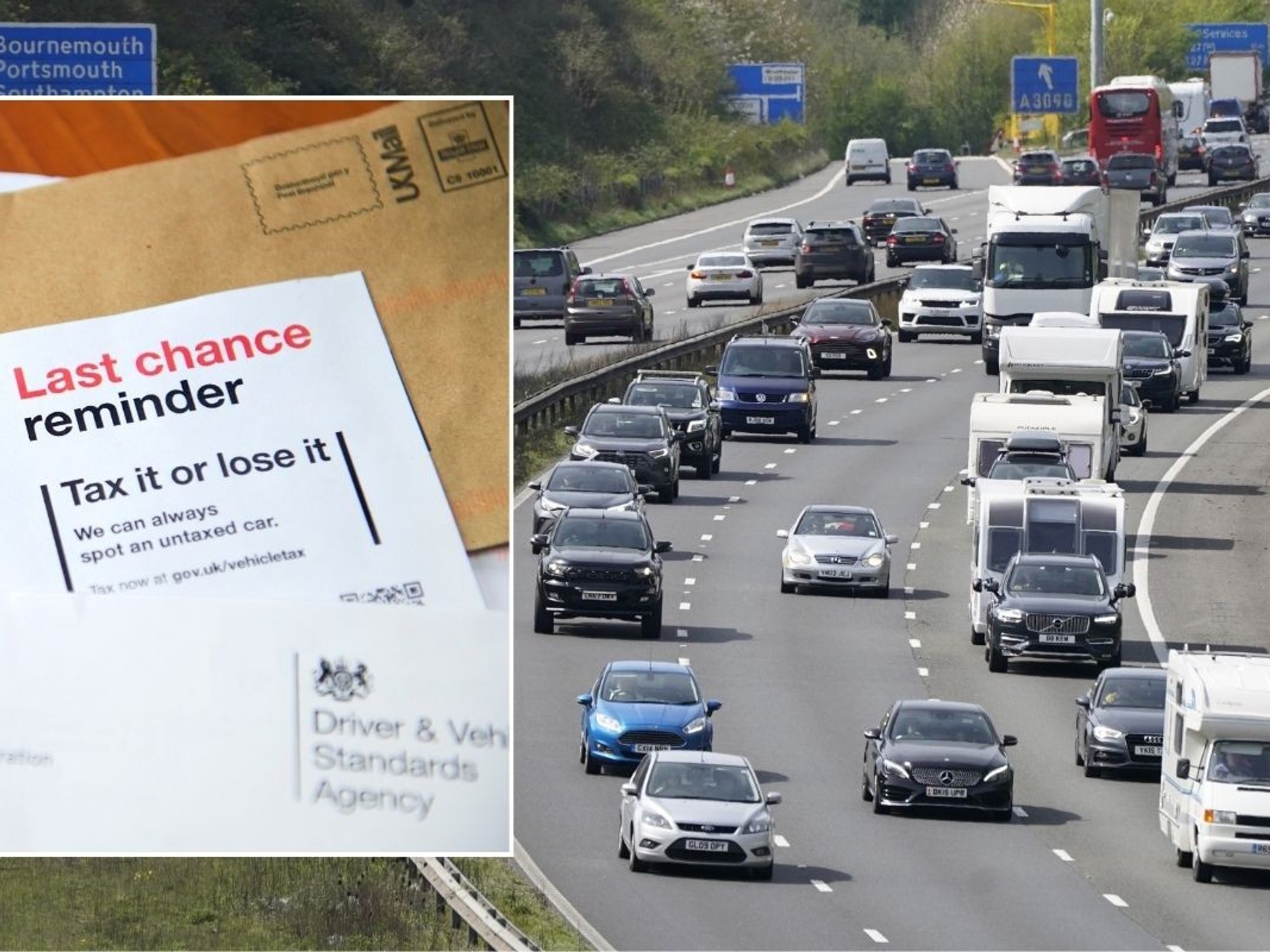 Car tax reminder letter and a busy UK motorway
