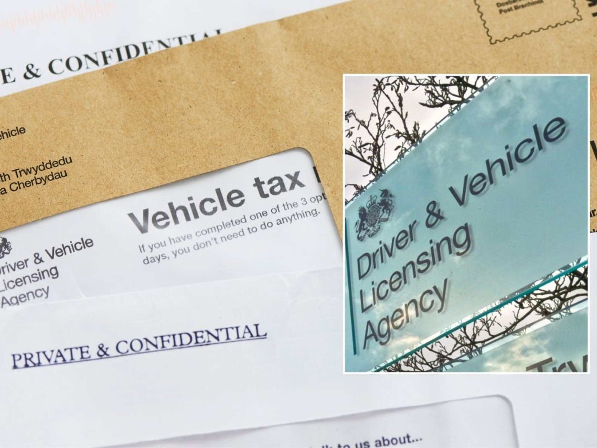 Car tax reminder letter and a DVLA sign