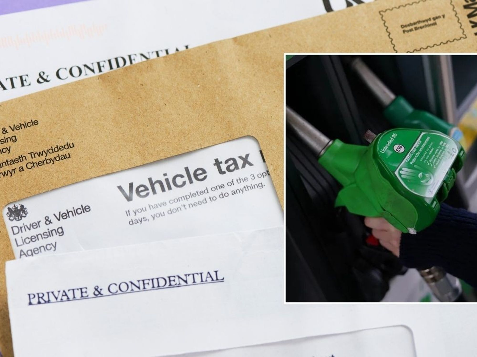 Car tax reminder letter and a fuel pump