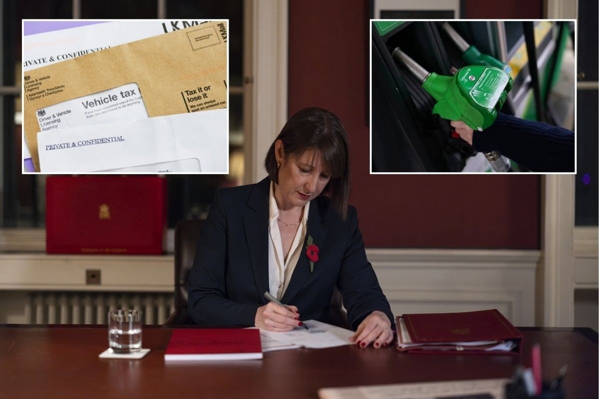Car tax reminder letter, Rachel Reeves and a petrol pump
