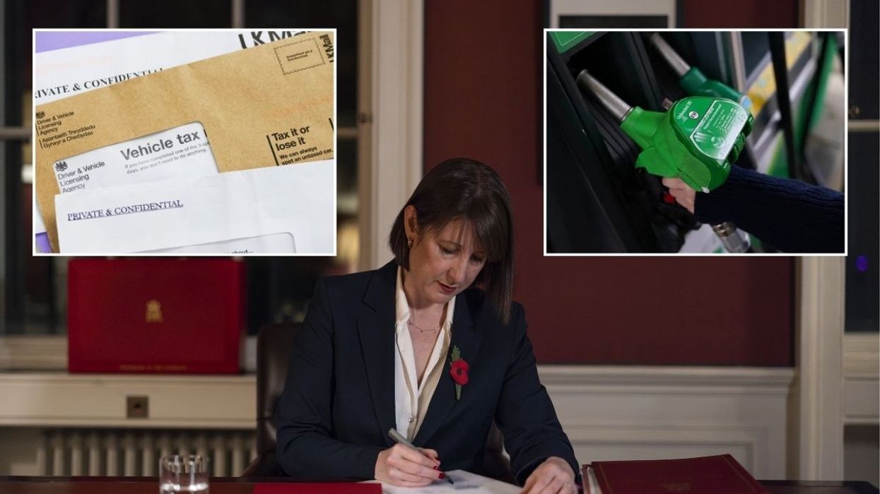 Car tax reminder letter, Rachel Reeves and a petrol pump