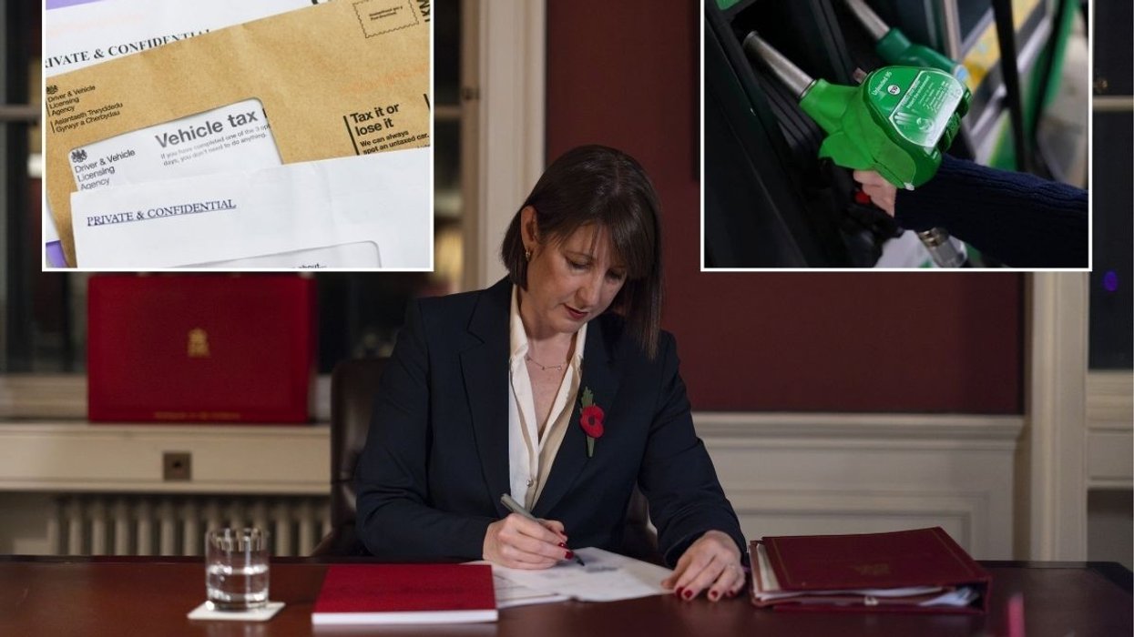 Car tax reminder letter, Rachel Reeves and a petrol pump