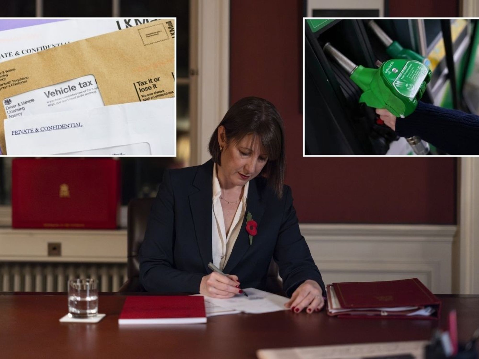 Car tax reminder letter, Rachel Reeves and a petrol pump