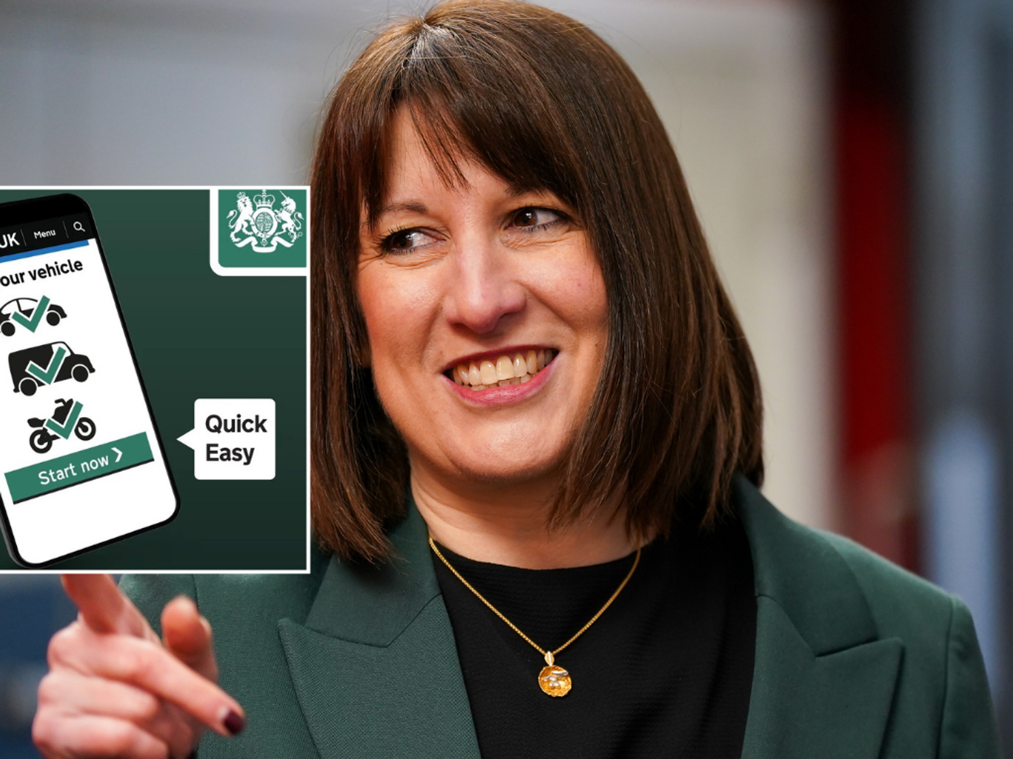 Car tax sign and Chancellor Rachel Reeves