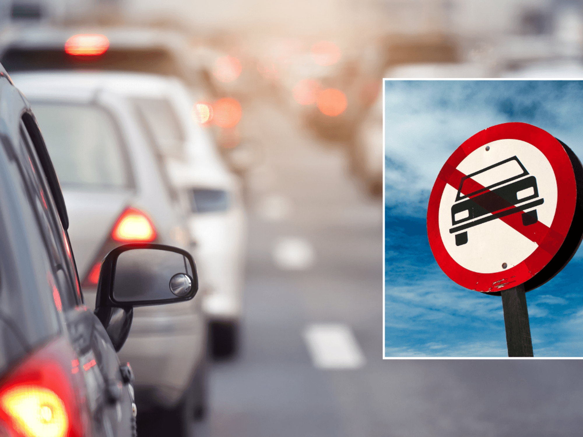 Car traffic and a car ban sign