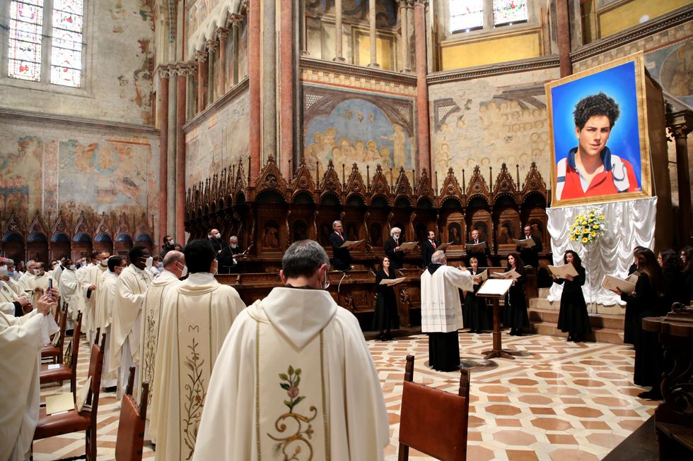 Cardinals, bishops, friars and priests attend the beatification ceremony of Carlo Acutis at the St. Francis Basilica