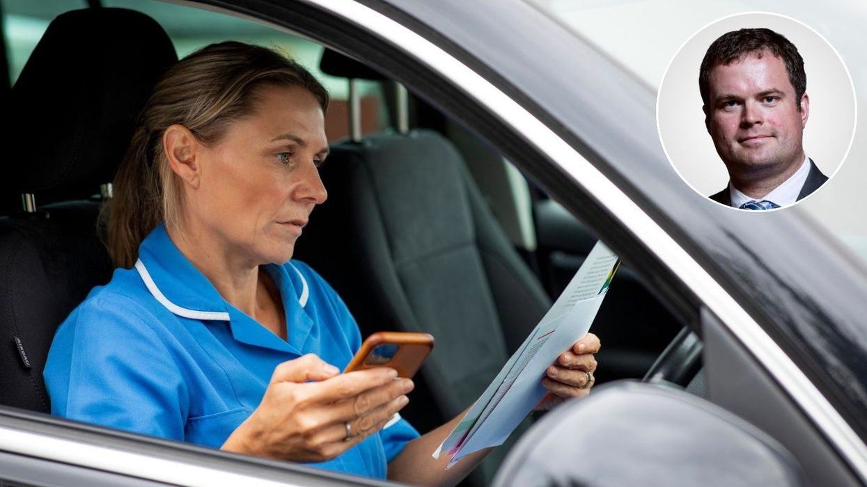 Caregiver looks at documents while sitting in front seat of her car and Kevin Foster (inset)