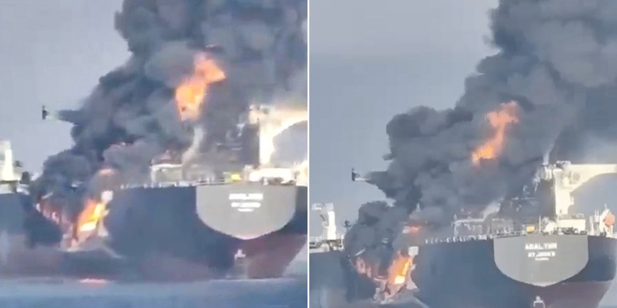 NextImg:WATCH: Fire rips through 'dark fleet' cargo tanker after catastrophic crash with another ship