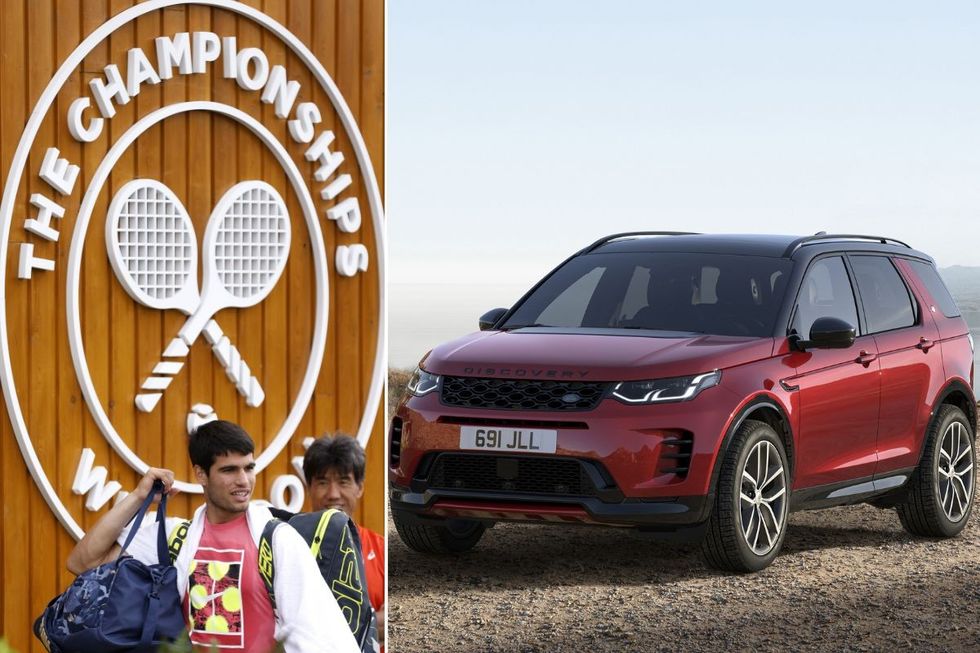 Carlos Alcaraz walking in front of the Wimbledon logo and a Land Rover Discovery Sport