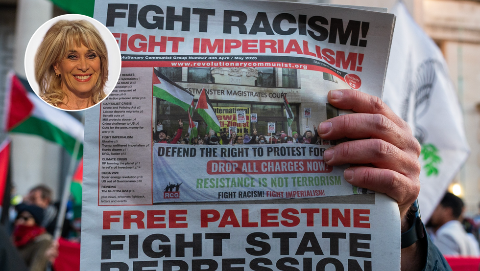 Carole Malone (left), free Palestine (right)