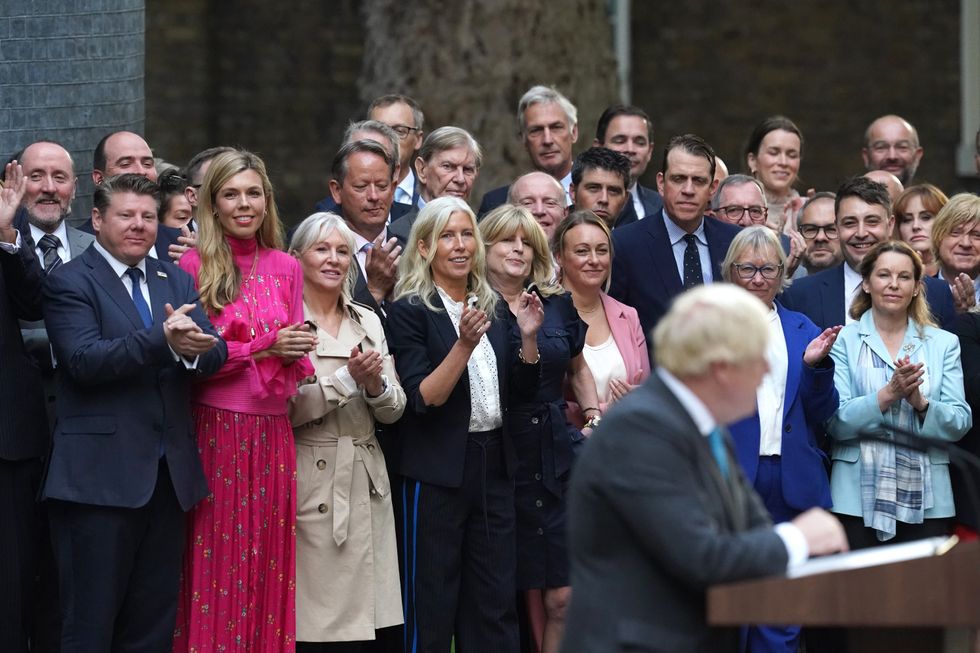 Carrie Johnson, Nadine Dorries and Rachel Johnson watch as outgoing Prime Minister Boris Johnson makes a speech outside 10 Downing Street, London, before leaving for Balmoral for an audience with Queen Elizabeth II to formally resign as Prime Minister. Picture date: Tuesday September 6, 2022.