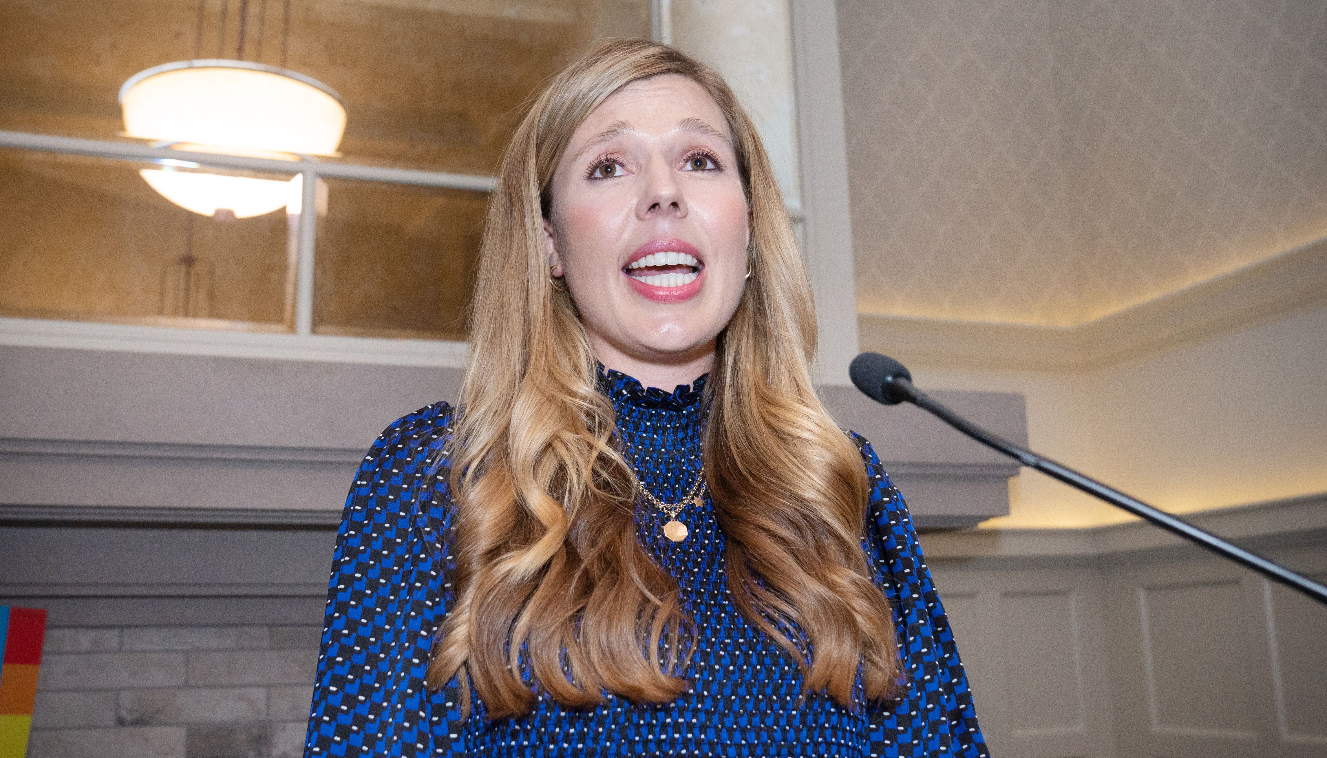 Carrie Johnson speaking at the annual LGBT+ pride reception hosted in partnership with Stonewall at the Conservative Party Conference in Manchester.