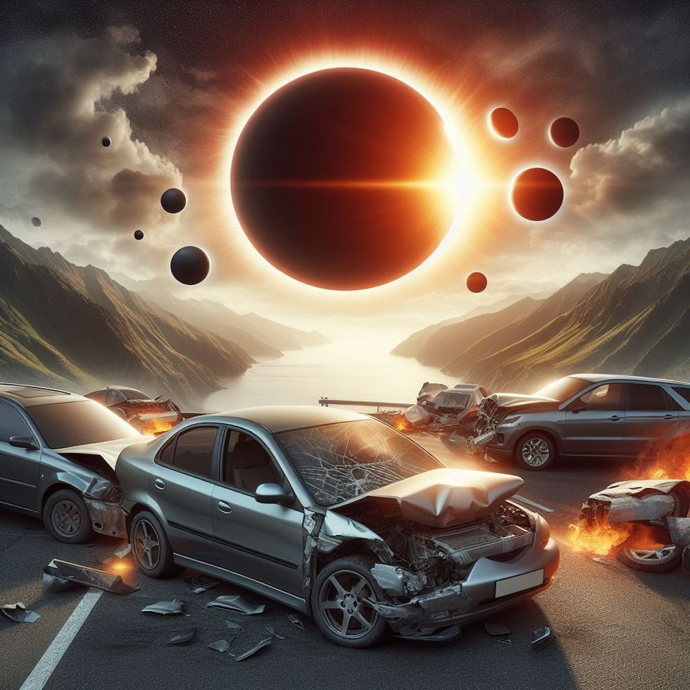 Cars burning under a solar eclipse