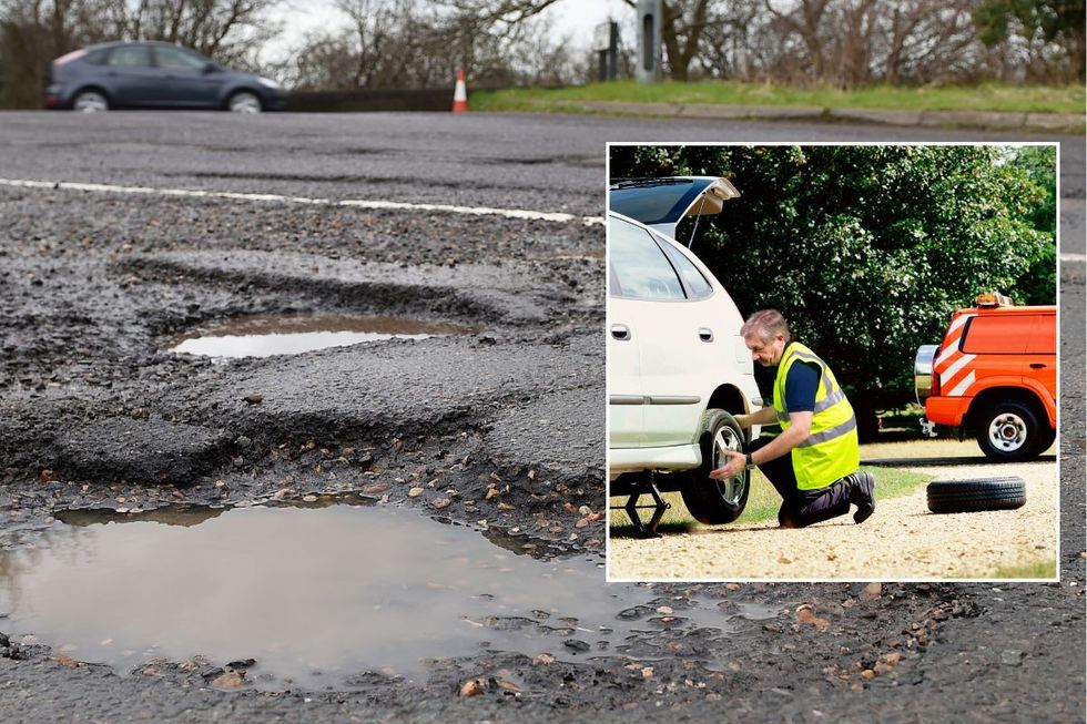 Cars driving past a pothole and a mechanic fixing a broken down vehicle