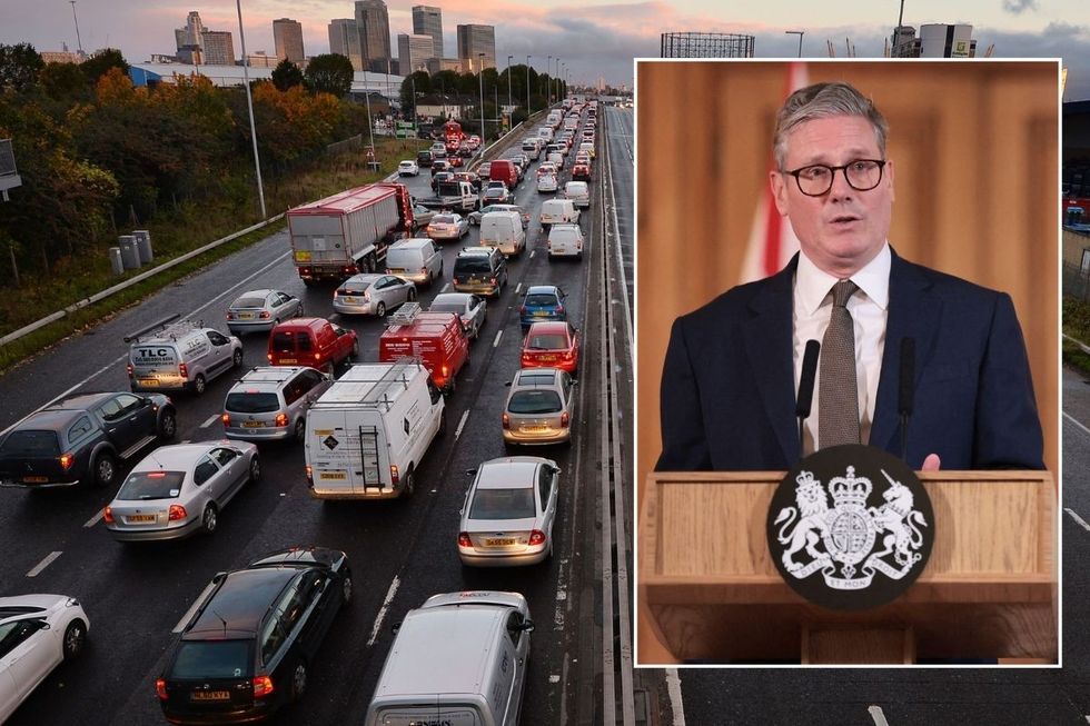 Cars in busy traffic and Keir Starmer