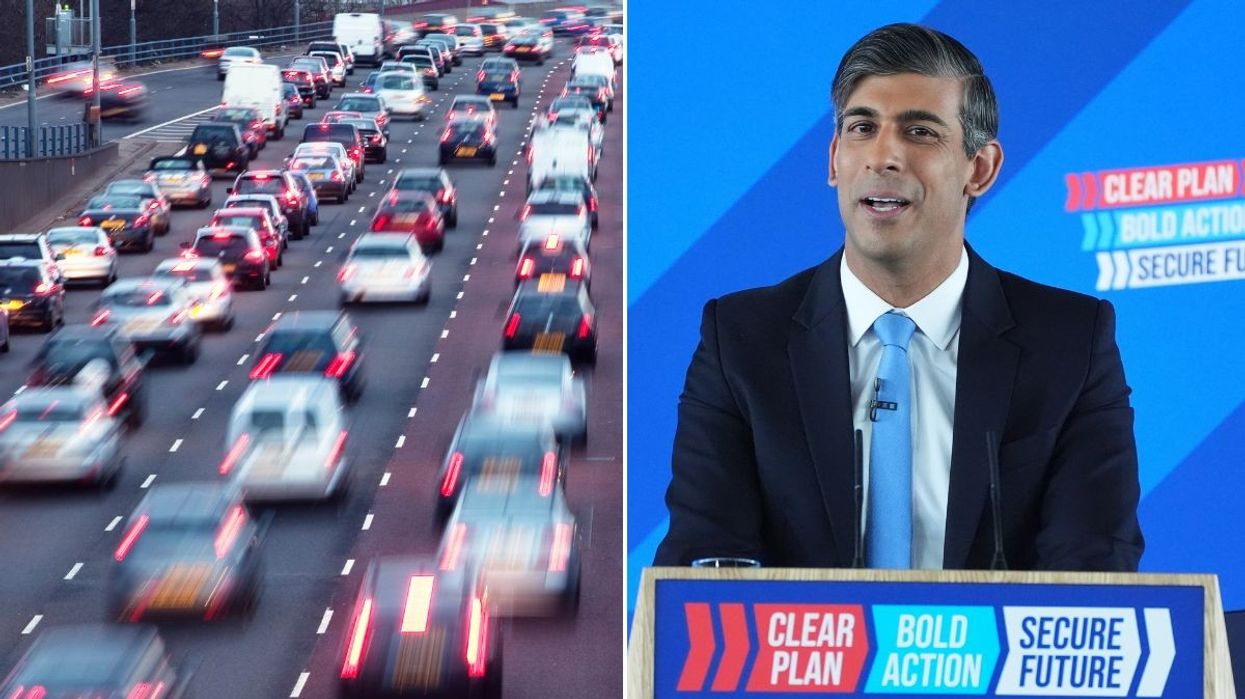 Cars on a road and Rishi Sunak