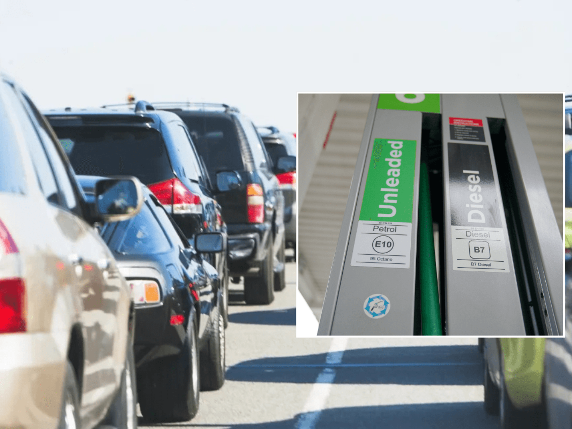 Cars on road and petrol and diesel