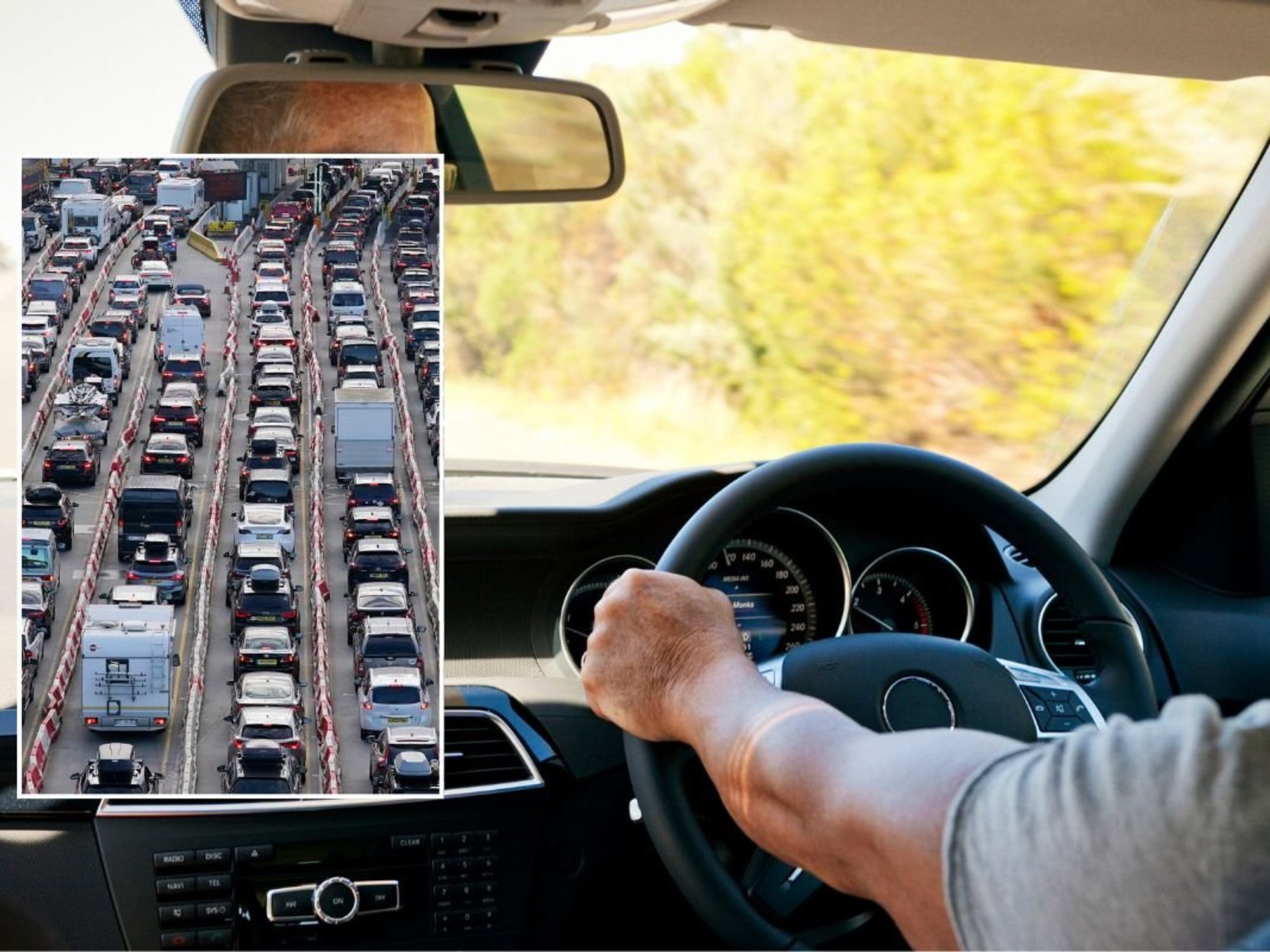 Cars parked and a man driving a car