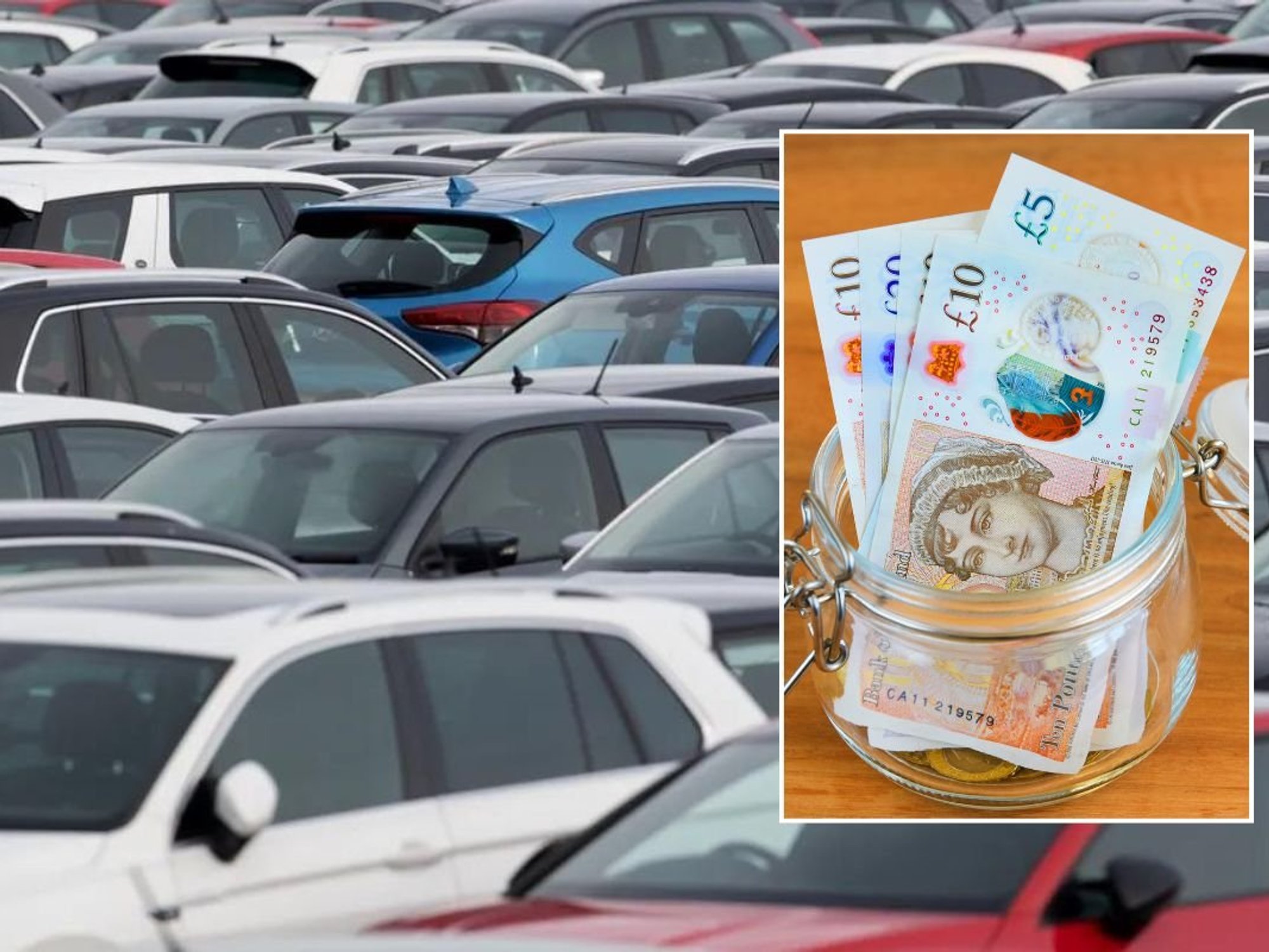 Cars parked and a pot of money
