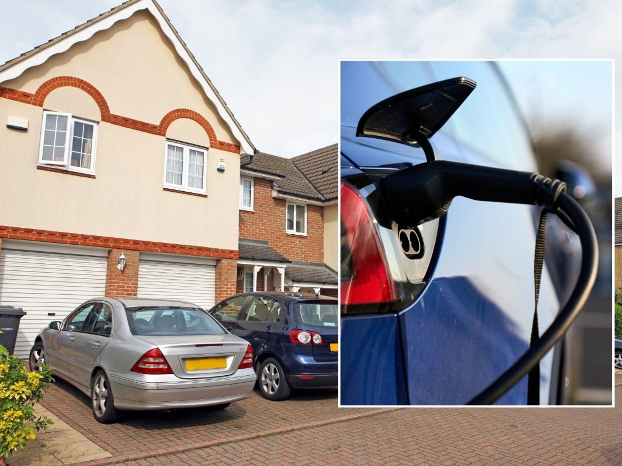 Cars parked outside of a house and an electric car charging