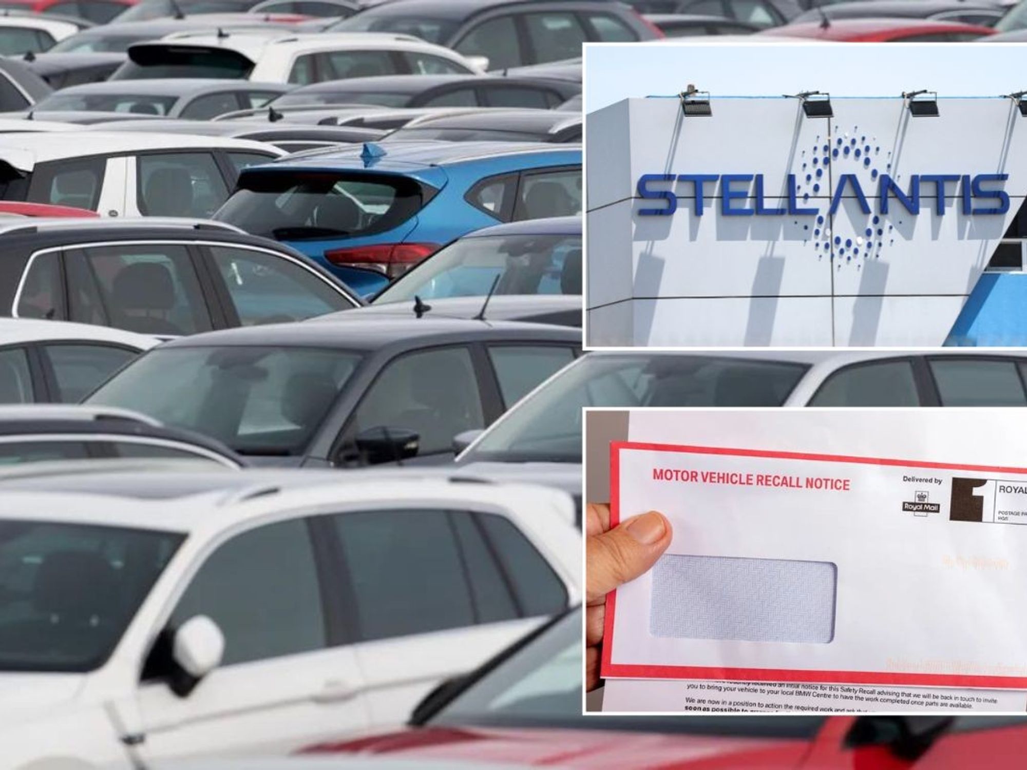 Cars parked, Stellantis sign and a motor vehicle recall notice