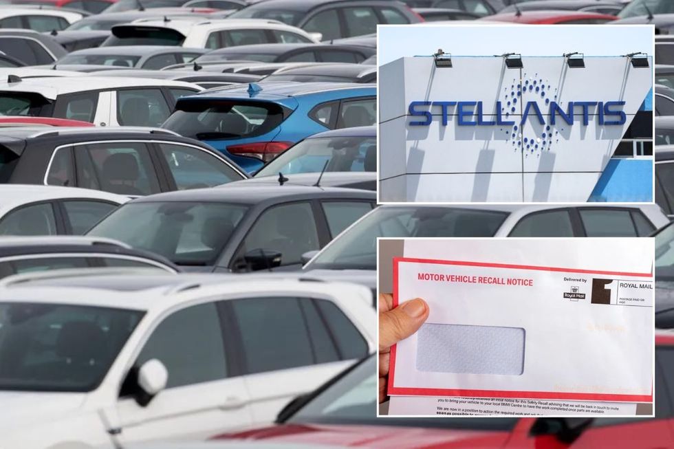 Cars parked, Stellantis sign and a motor vehicle recall notice