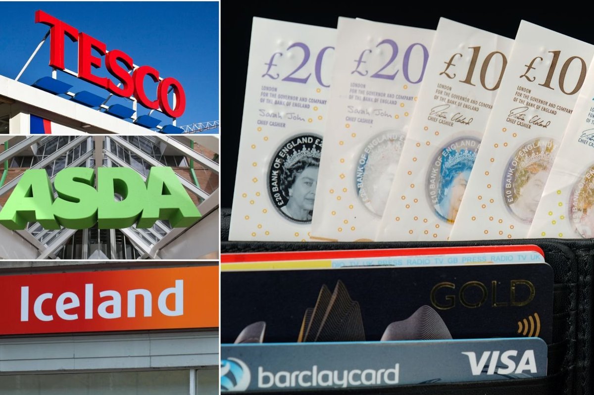 Cash in wallet with supermarket logos