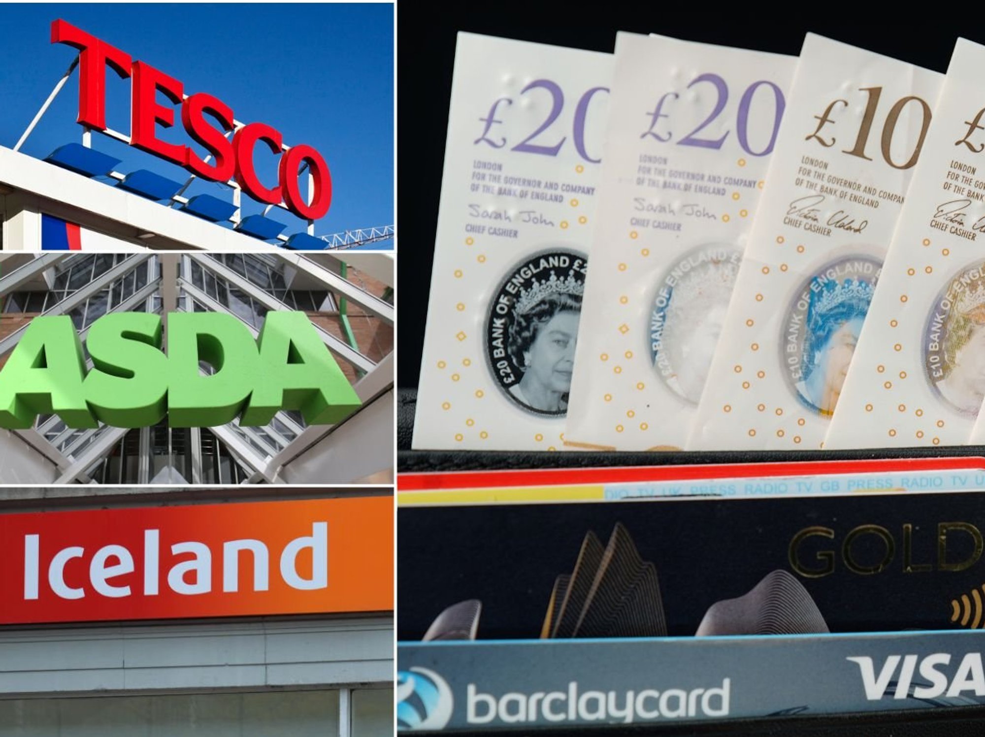 Cash in wallet with supermarket logos